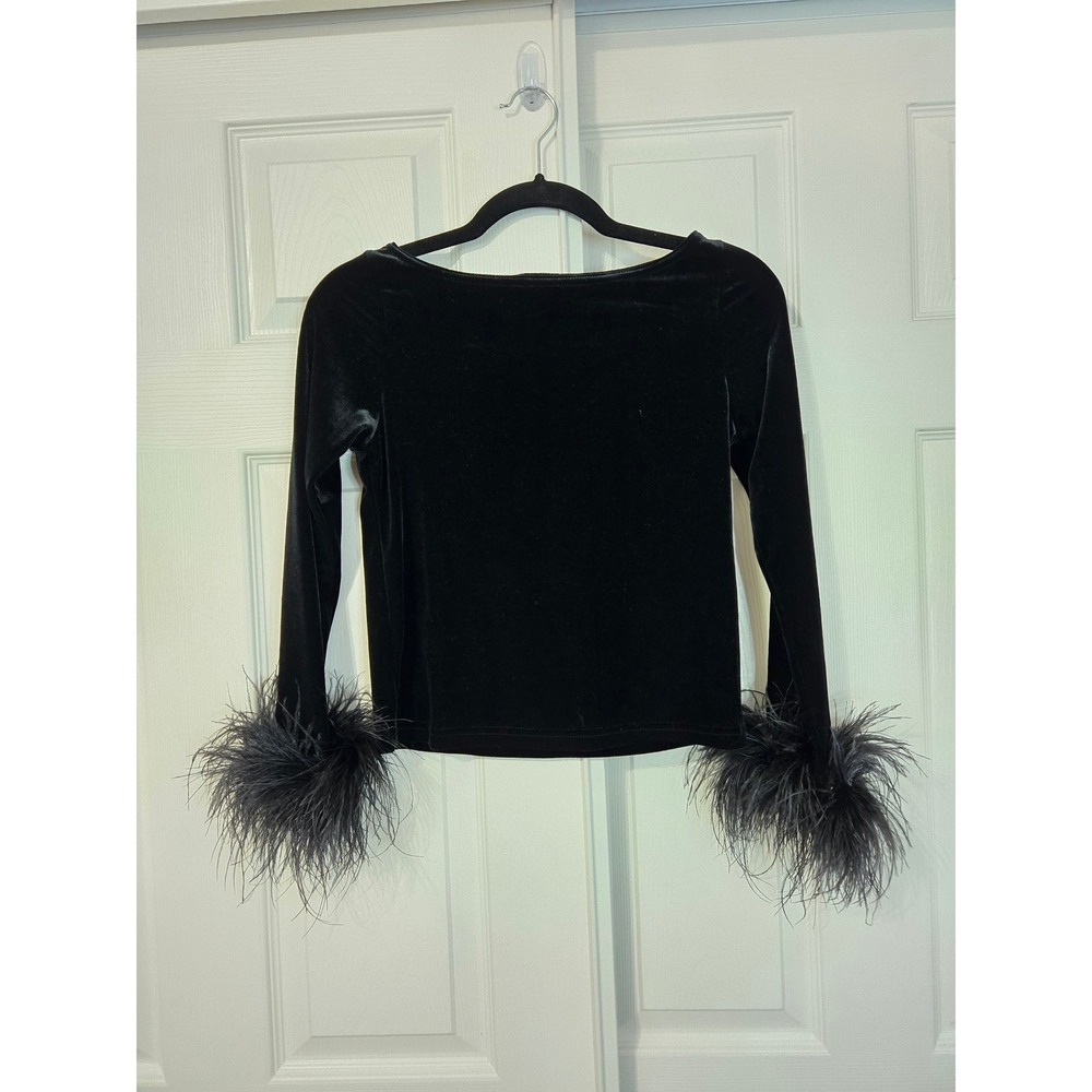 Black Velvet Boat Neck Top with Feather Trim Cuffs Long Sleeve Glam y2k
